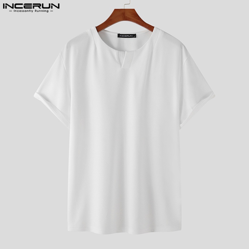 Áo thun INCERUN tay ngắn cổ xẻ chữ V màu sắc đơn giản cho nam