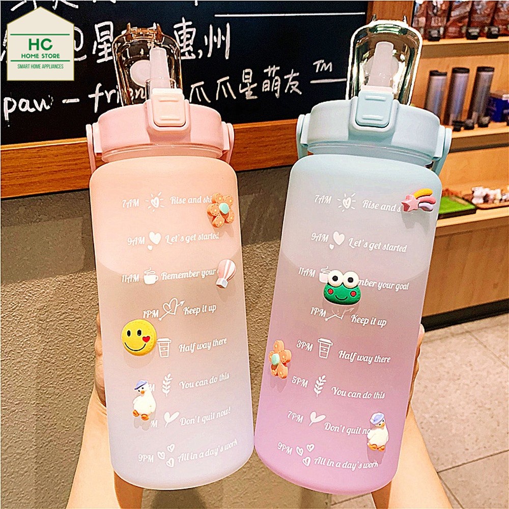 Bình nước 2 lít HCHOME nhắc nhở uống nước, bình đựng nước cho bé cute có ống hút, vạch chia giờ