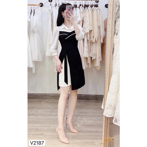 2187 váy đen cổ sơ mi trắng