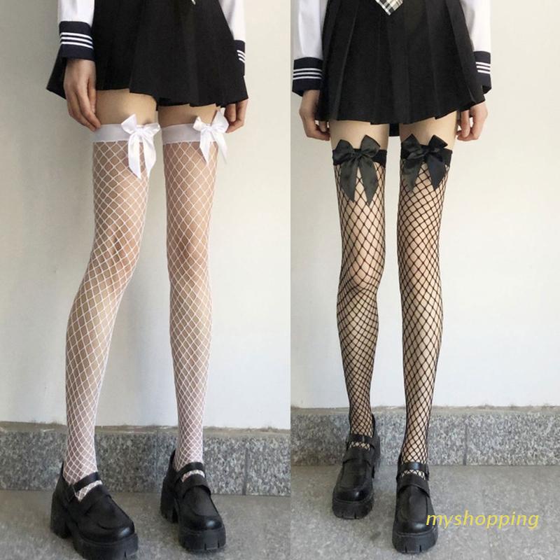 Tất lưới cá rỗng chất satin trang trí nơ dài đến đùi phong cách lolita Nhật Bản gợi cảm cho nữ