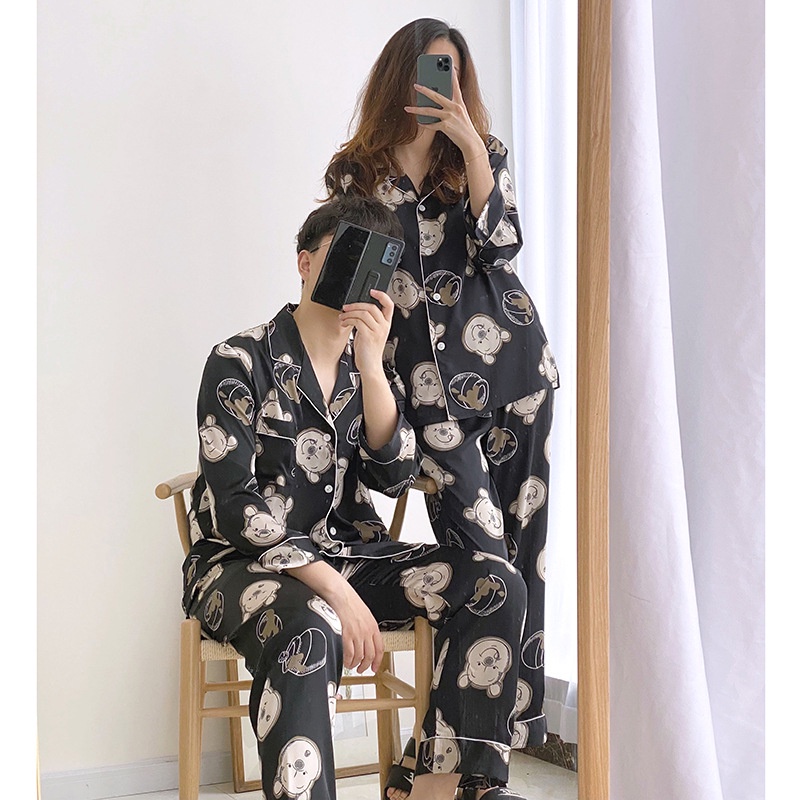 Bộ đồ ngủ pijama hoạ tiết gấu pooh lụa bóng nam nữ Bigbang Luxury Dành cho cặp đôi mặc nhà