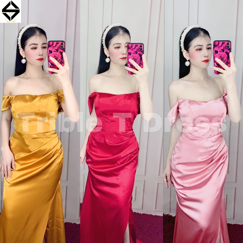 Đầm maxi body trễ vai xẻ đùi chất phi thun lụa TRIPBLE T DRESS - size M/L - MS393V