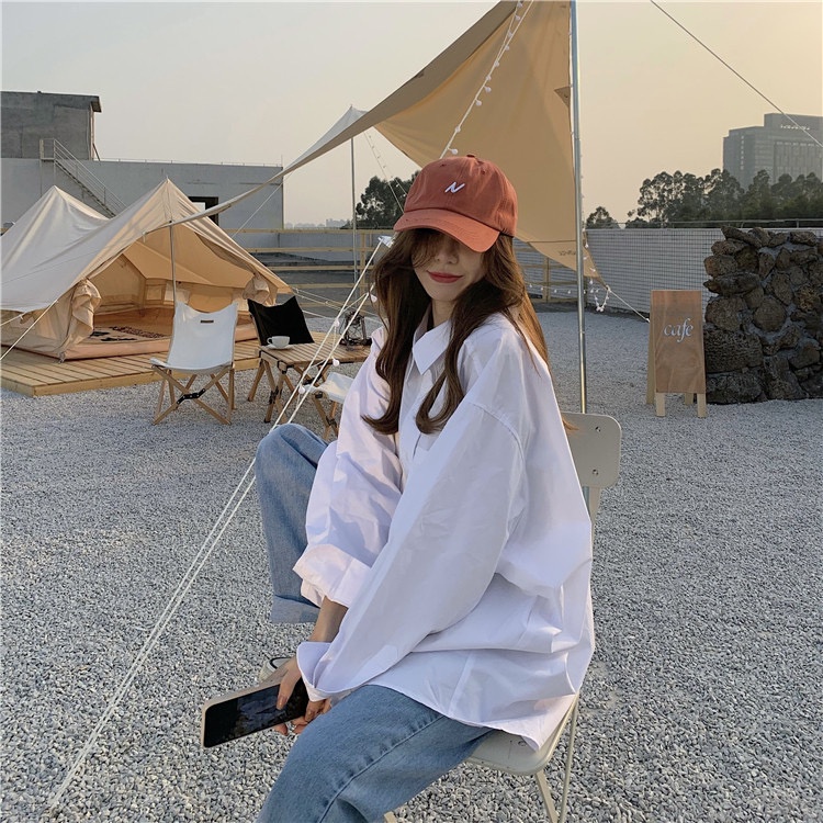 Áo sơ mi tay dài dáng rộng màu trắng/ xanh dương tùy chọn phong cách Hàn Quốc thời trang mùa thu cho nữ
