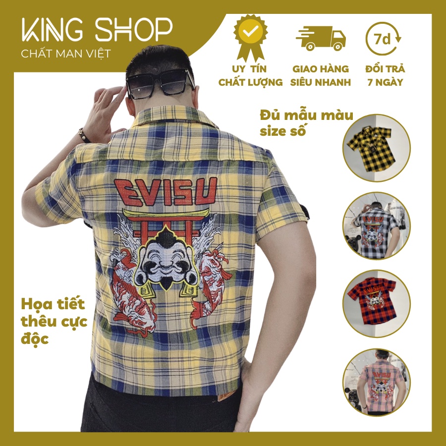 Áo Sơ Mi Nam Cộc Tay Cổ Bẻ Kẻ Caro Thêu Họa Tiết EVISU Cao Cấp
