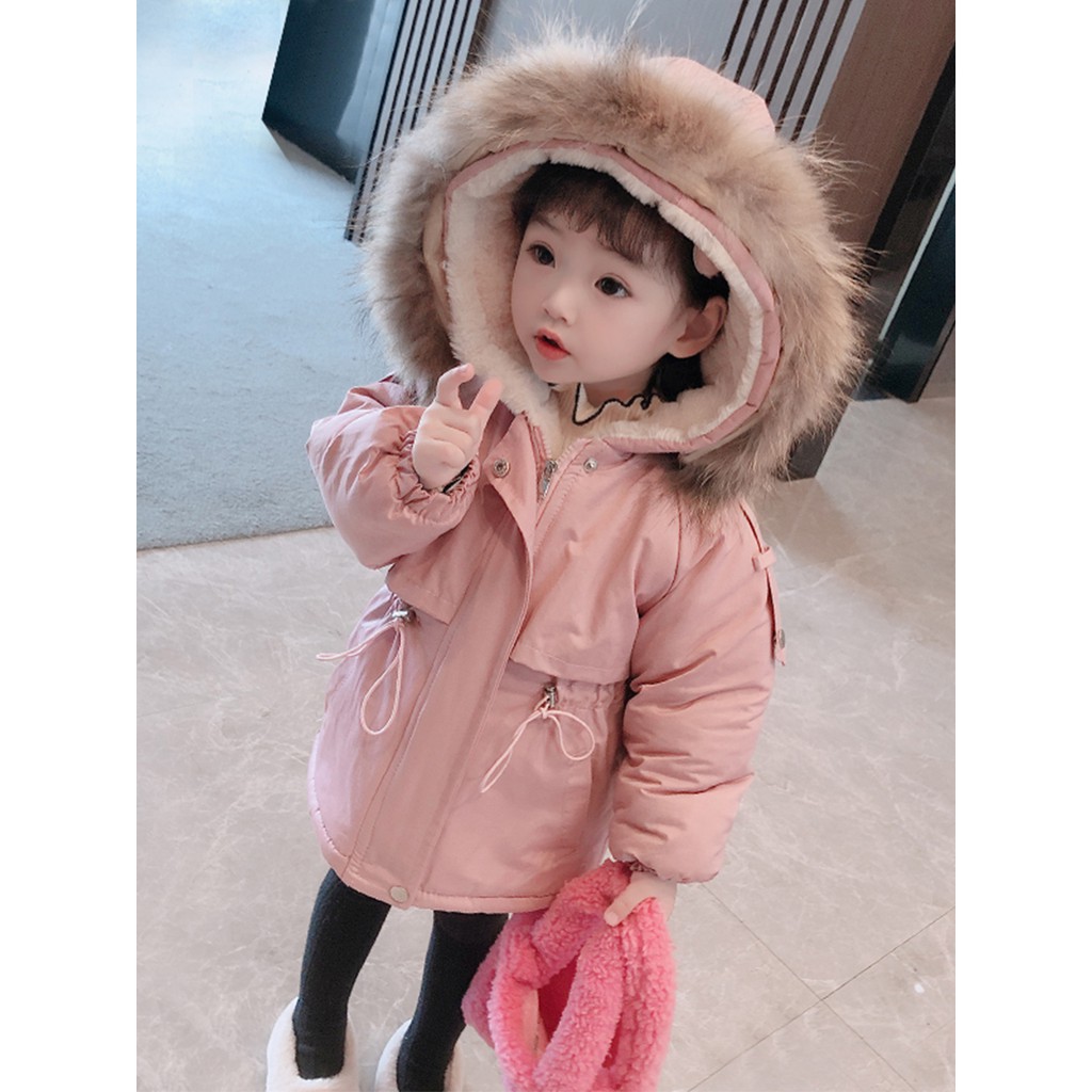 Áo khoác Parka lót lông cừu bé gái 120-130cm 6-9 tuổi vải thô cao cấp mềm mại lót lông cừu dày ấm [HỒNG]