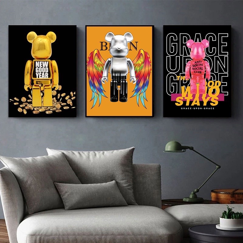 T54 Bộ 3 Tranh chú Gấu Kaws Toy Treo Tường Phòng Khách/ Game/ Shop Quần Áo/ RObot/ Bearbrick Hoạt Hình T1