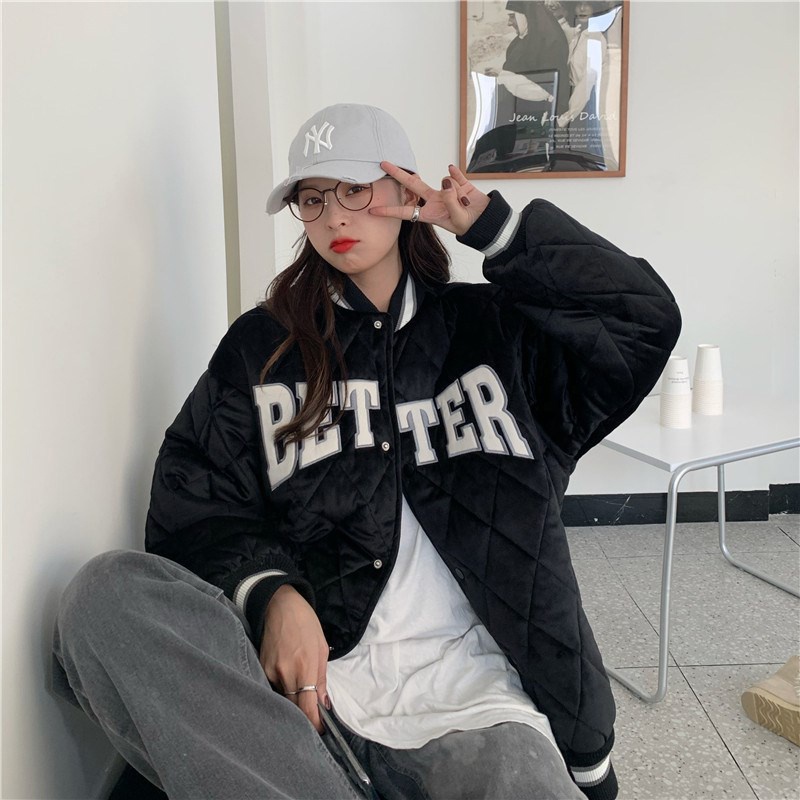 IELGY  Áo Khoác Bóng Chày Bằng cotton Dày Dặn Thêu Chữ Phong Cách Harajuku Dành Cho Nữ