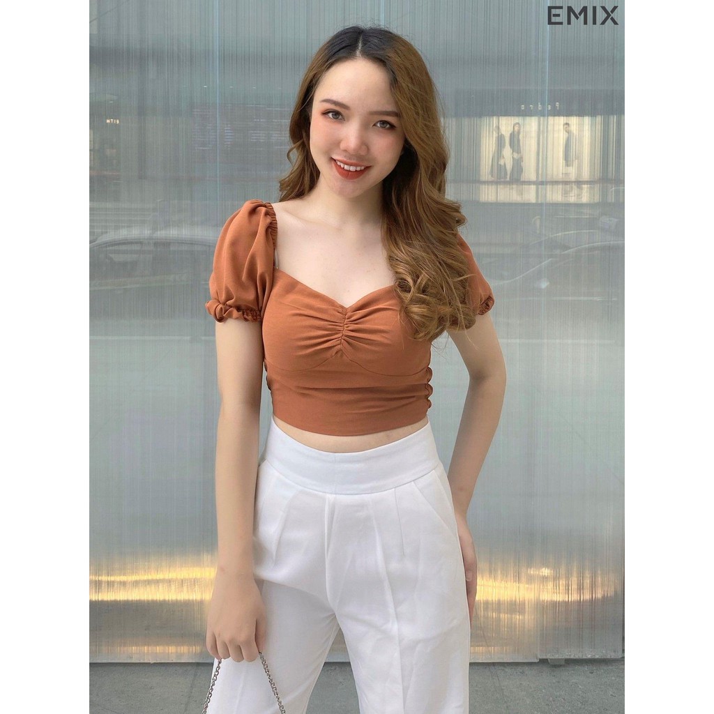 Áo croptop rút ngực EMIX (màu nâu), cộc tay, dài 38cm, lưng chun, vải lụa voan mềm mát, không nhăn