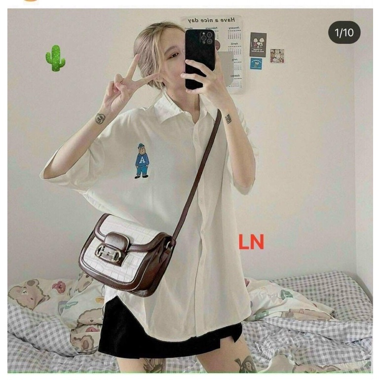 Áo sơ mi logo người xanh chữ A tay lỡ LN12