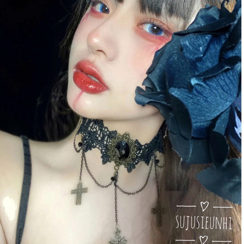 (có video) Vòng cổ choker Gothic lolita 3 chữ thập đen