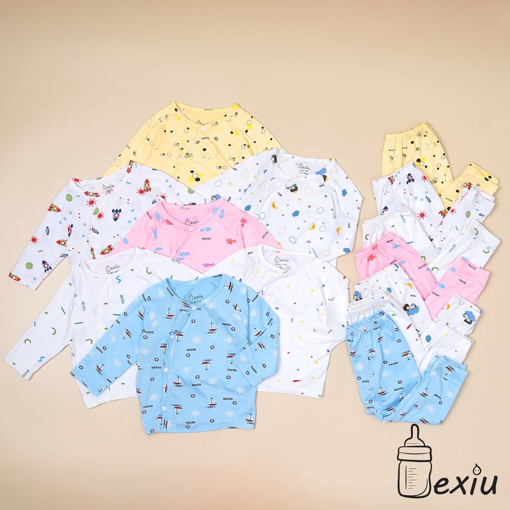 Bộ đồ cài lệch tay dài in rơi Bexiu - Quần Áo Trẻ Sơ Sinh  Vải Cotton Lạnh Cao Cấp Cho Bé Trai Và Gái Từ 4-9 kg