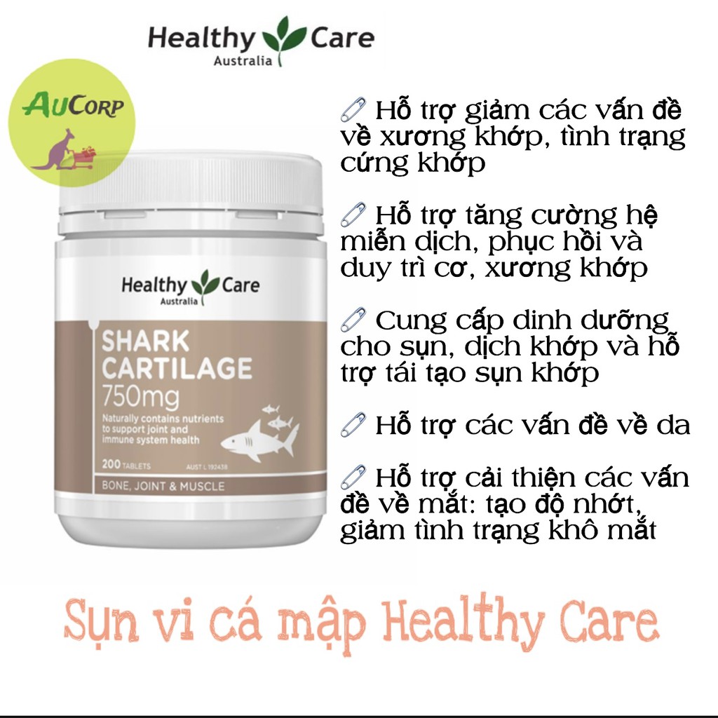 Viên uống Shark Cartilage 750mg Sụn Vi Cá Mập Healthy Care - ÚC - 200 viên - Hỗ trợ xương khớp