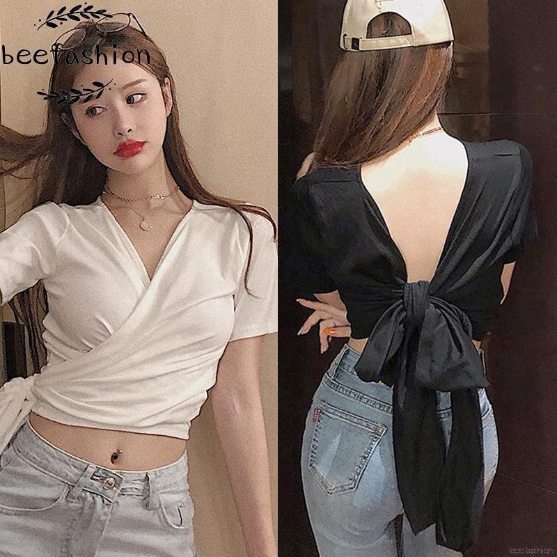 Áo thun cổ chữ V hở lưng gợi cảm cho nữ