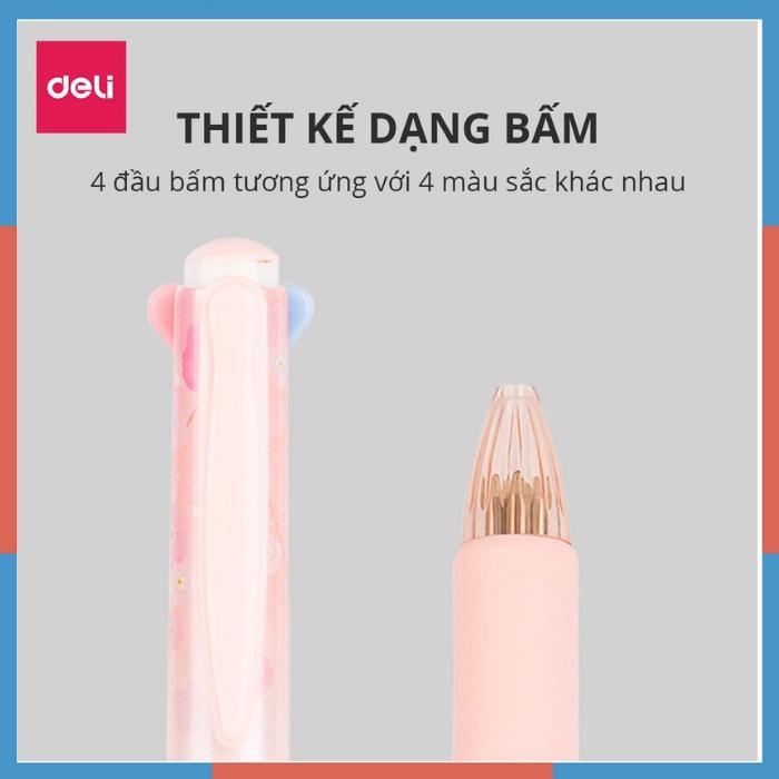 Bút bi dầu Deli đầu bấm nhiều ngòi 4 màu mực 0.7mm họa tiết hoa xinh xắn đệm tay chống trượt nét viết đều trơn tru S311