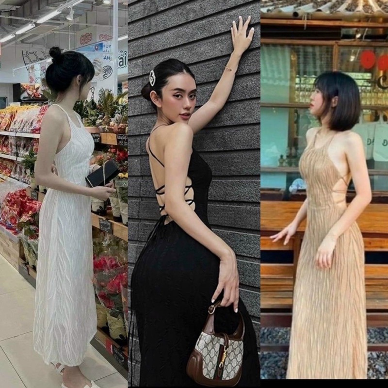 Đầm Cúp Ngực Xốp Nhăn Mềm Mát Dây Hở Đan Lưng Dáng Xoè 65748