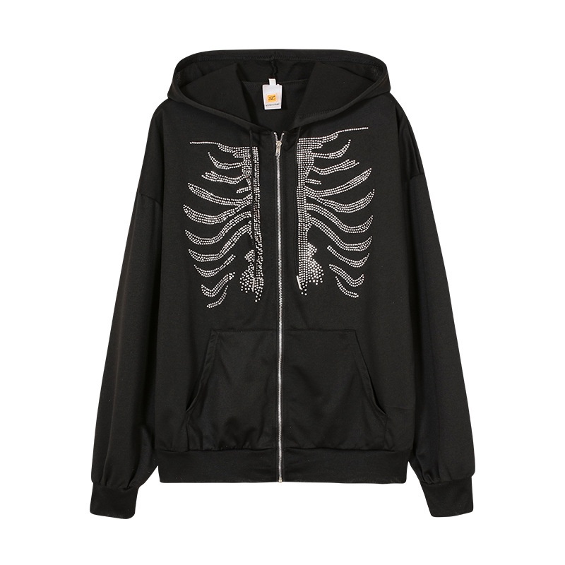 Zip Up Gothic Áo khoác đen y2k Phụ nữ Rhinestone Skull Thường Áo khoác ngoại cỡ Punk E-girl Harajuku Dài tay Áo khoác ngoài
