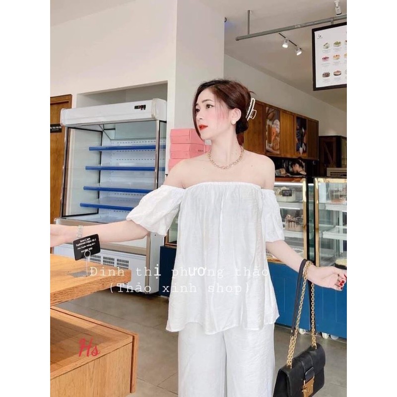 Bộ Áo Trễ Vai Quần Trắng Đũi 🦋 Set Đũi Áo Hở Vai Kèm Quần Suông Ống Rộng 2 Màu 🦋 | BigBuy360 - bigbuy360.vn