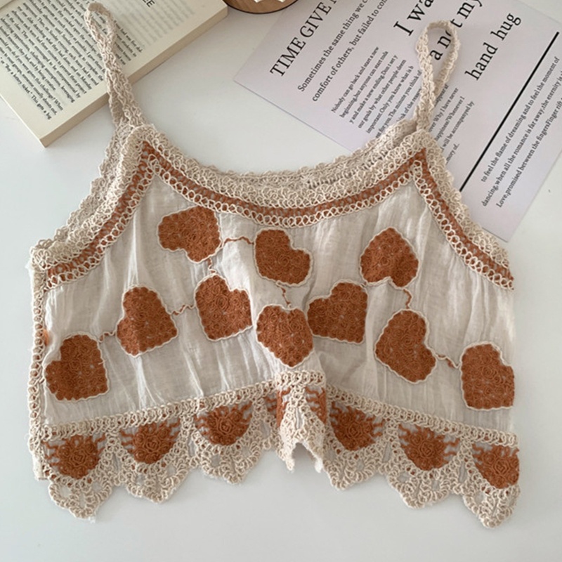 Áo Croptop Hai Dây Chất Liệu Cotton Lanh Thêu Họa Tiết Trái Tim Phong Cách Vintage Cho Nữ