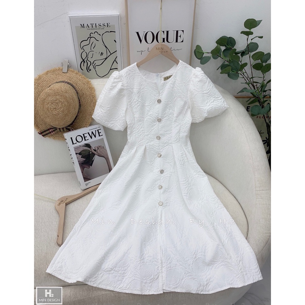 Đầm Váy Gấm Xốp Trắng Nút Ngọc Tay Phồng | Smide Clothing