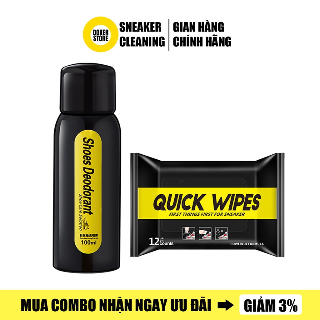 Combo Xịt khử mùi giày dép Shoes Deodorant 100ml và 12 Khăn lau giày Quick Wipes