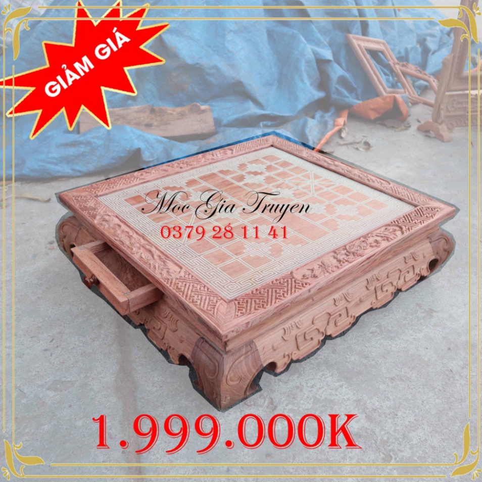 Bàn chơi cờ tướng gỗ hương đá chữ nhật gấm đá 60x55x18