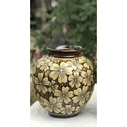 Vò tròn vẽ tay H20cm Men lam và khắc .
