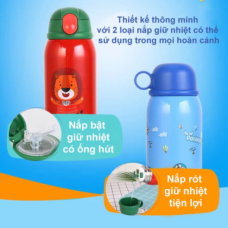 Bình đựng nước uống 600ml cho bé đi học - giữ nhiệt 12 giờ và có ống hút (Tặng kèm túi vải)