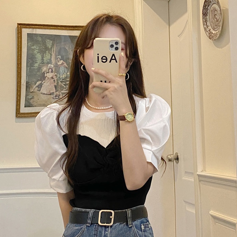 【Hana and Alice】Áo Thun Tay Ngắn Phồng Giả Hai Lớp Phong Cách Pháp Thời Trang Mùa Hè 2023 Mới Cho Nữ