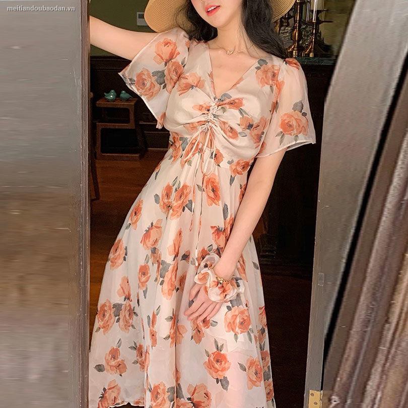 ♛☃ﺴ"Sweet Summer" oil painting flowers French retro elegant slimming clavicle long dress female 2021 new style [shipped within 12 days]