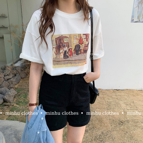 Áo phông nữ form rộng tay lỡ in hình dân gian chất cotton thoáng mát MINHU CLOTHES - AT05