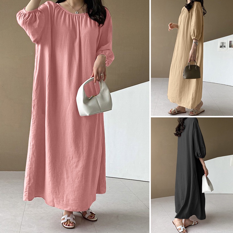 Đầm maxi ZANZEA cotton tay 3/4 cổ tròn thời trang Hàn Quốc cho nữ