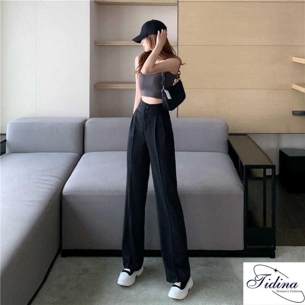 Quần ống rộng nữ TIDINA Quần ống suông nữ lưng cao 2 khuy phong cách thời trang Hàn Quốc Q.190