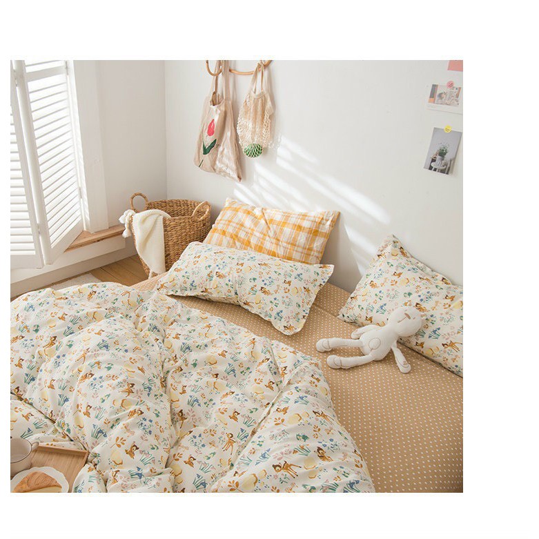 Bộ chăn ga Cotton Poly M2T bedding chăn ga Hàn Quốc họa tiết nai con nâu đủ size miễn phí bo chun