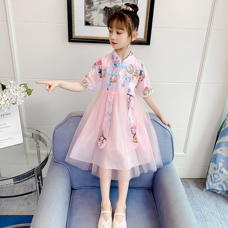 Đầm Hán Phục Tay Ngắn Phối Lưới Thêu Họa Tiết Thời Trang Mùa Hè 2022 Mới Phong Cách Trung Hoa Cho Bé Gái