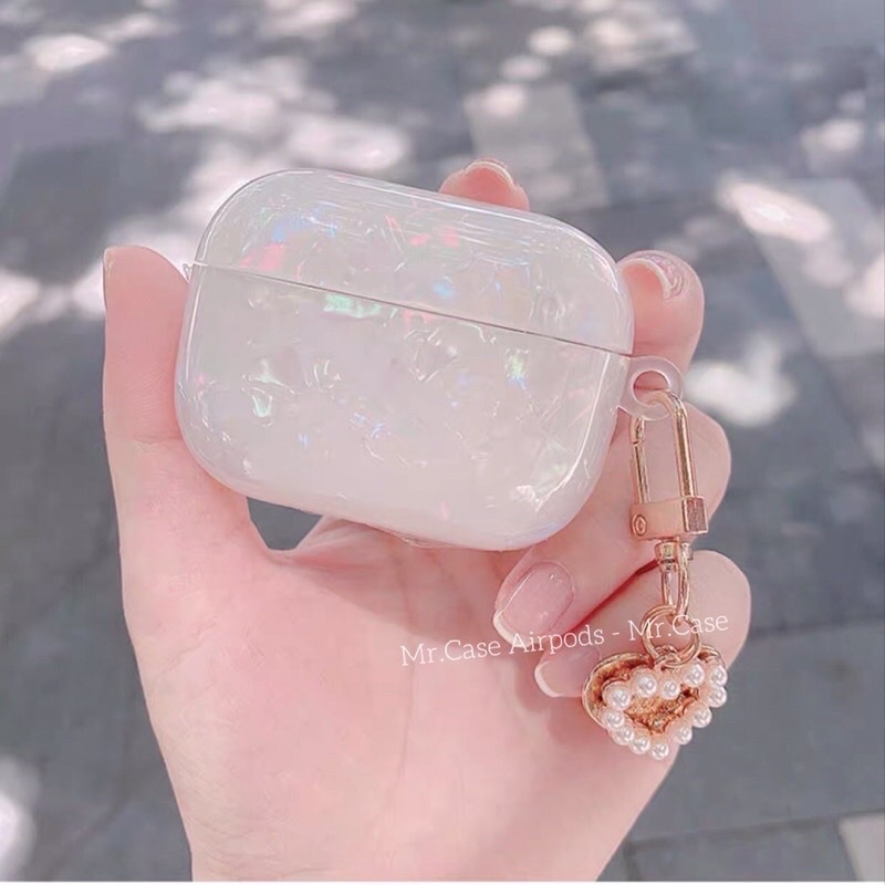 Case Airpods 1/2/3/Pro Vỏ Ốp Tai Nghe Màu Trắng Xà Cừ Kèm Móc Khoá Xinh- Mr.Case AirPods