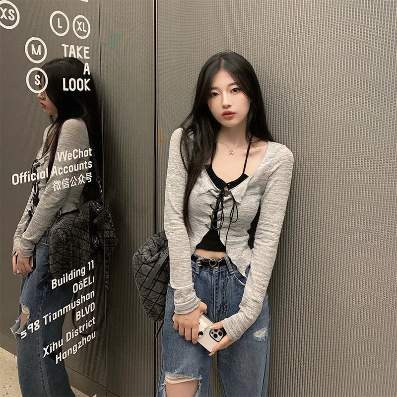 Set đồ COZOKC gồm áo cardigan tay dài cột dây phối áo khoác không tay phong cách quyến rũ
