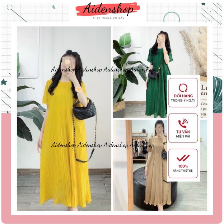 Váy bầu thiết kế thời trang đẹp dài midi xếp ly freesize 45-70kg mùa hè