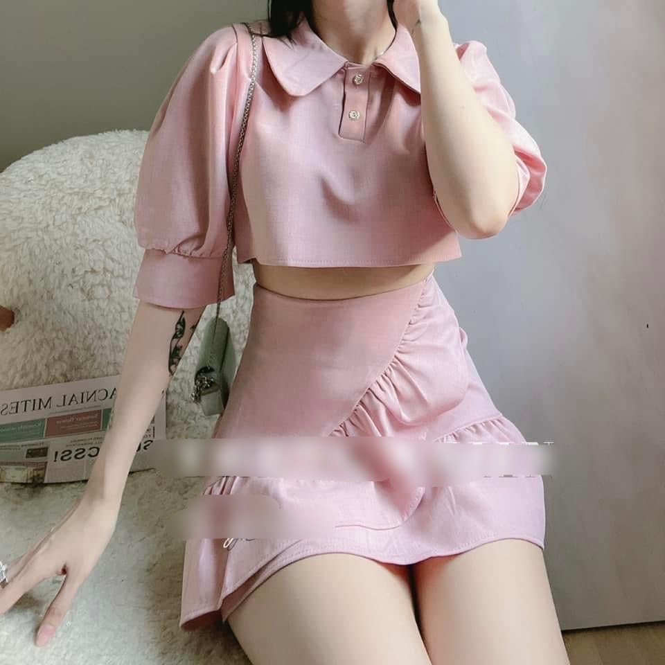 SET VÁY HỒNG TIỂU THƯ ÁO CROPTOP CỔ SEN + CHÂN VÁY