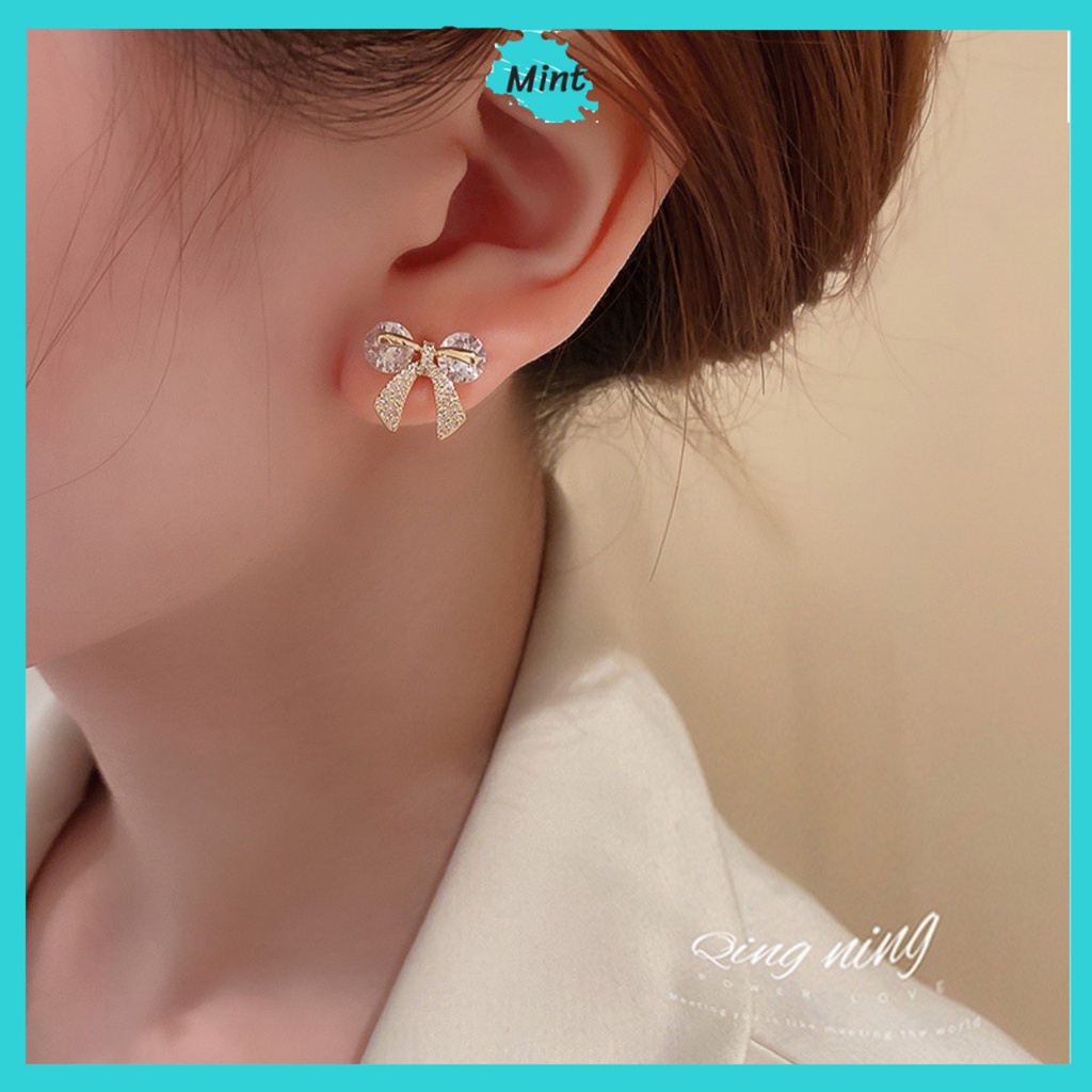 Bông Tai Nữ ❤️KHÔNG GÂY DỊ ỨNG❤️ Khuyên Tai Chuôi Bạc S925 Hình Nơ Đính Đá Trong Suốt Sang Chảnh