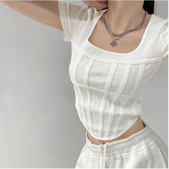 Áo Croptop Dệt Kim Cổ Vuông Thời Trang Mùa Hè Quyến Rũ Cho Nữ