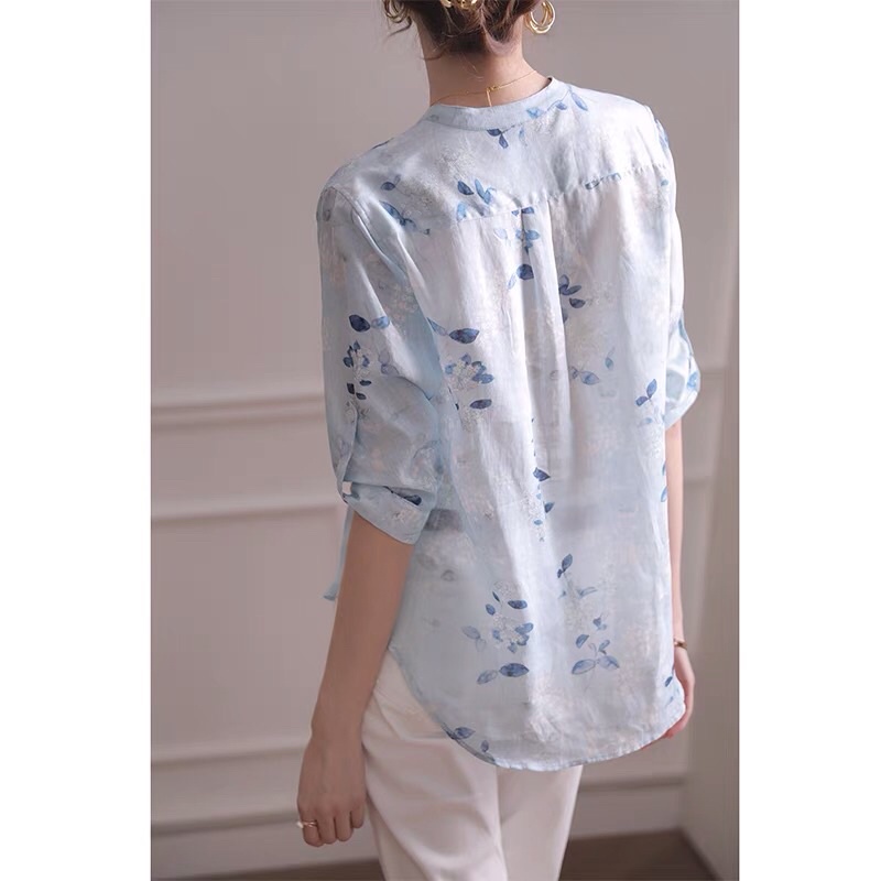 ⚡️ĐŨI XƯỚC⚡️Áo sơ mi đũi xước hoạ tiết hoa màu xanh nhạt