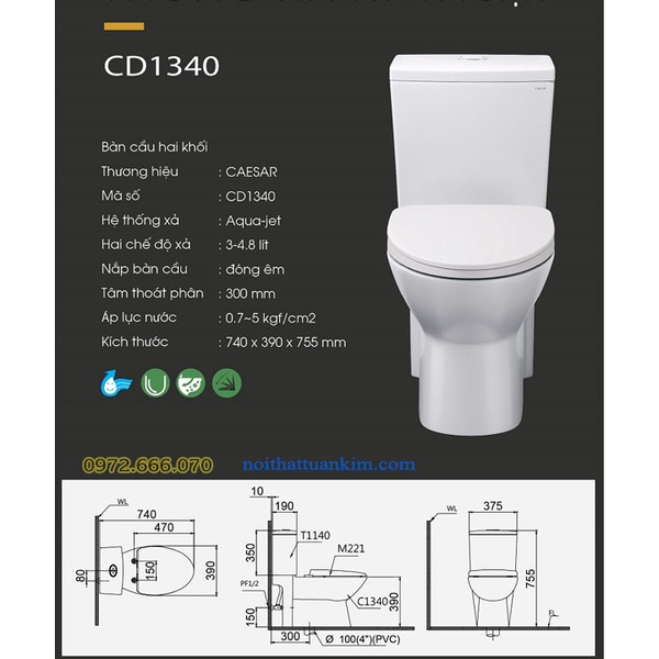 Bàn cầu 2 khối caesar  nắp êm CD1340