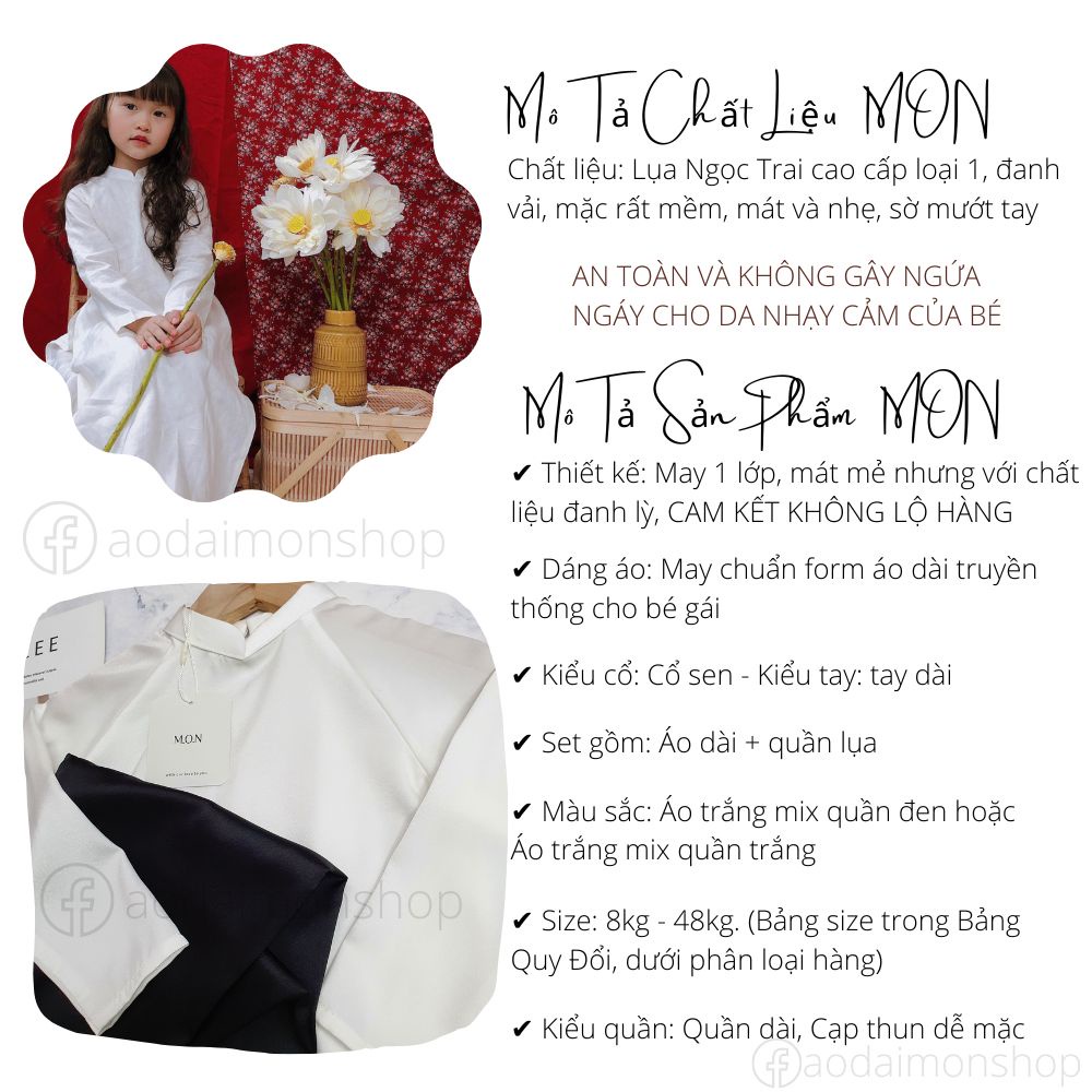 Set Áo Dài Trắng Bé Gái Truyền Thống MON Gồm Áo Và Quần Cho Bé 8 Đến 48kg