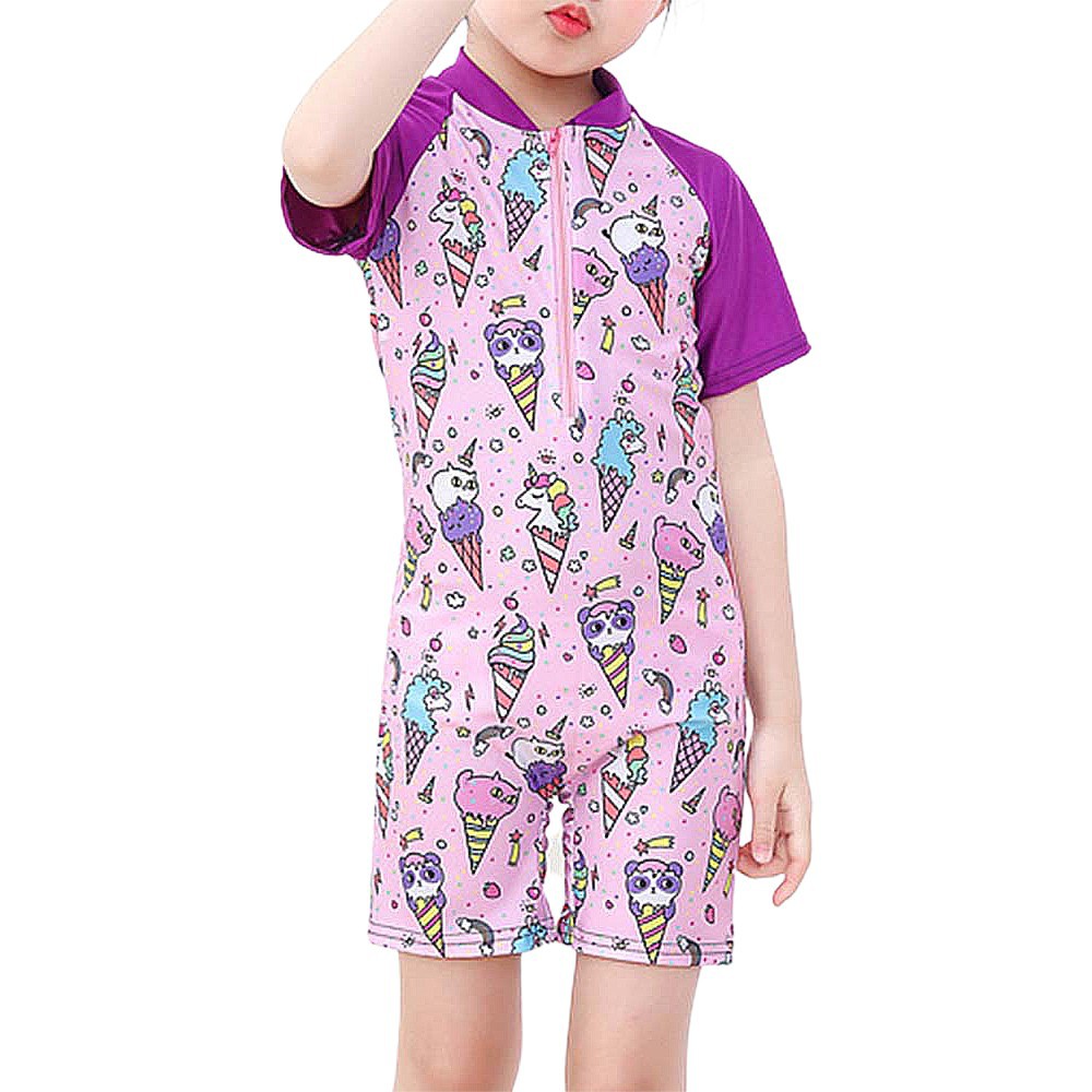 1-6 Years Old Girls Short Sleeve Suit Swimsuit Zipper Cartoon Unicorn Summer