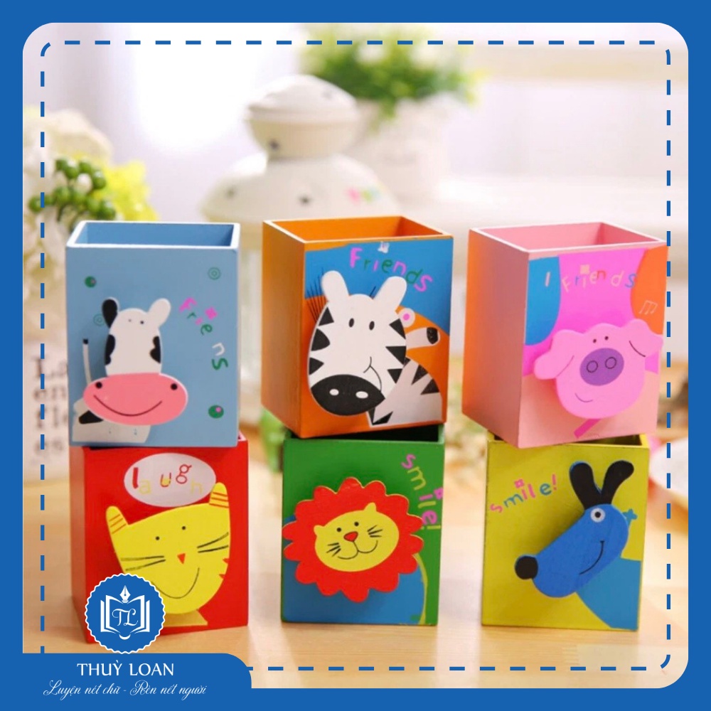 Hộp đựng bút để bàn Bút mài Thầy Ánh ống cắm bút gỗ hình thú cưng nhiều màu ngộ nghĩnh cho bé 6x3x7cm