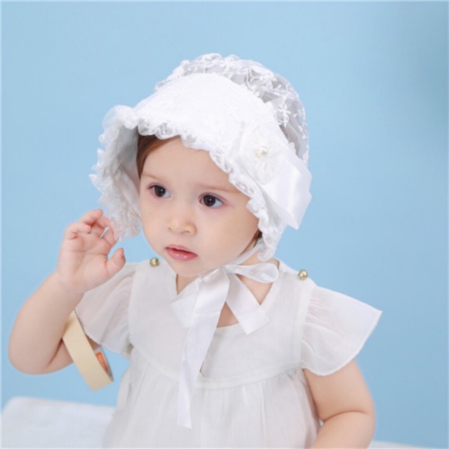 Mũ Nón Ren Hoa Đính Hạt Dễ Thương Có Dây Cột Sang Trọng Cho Bé Gái