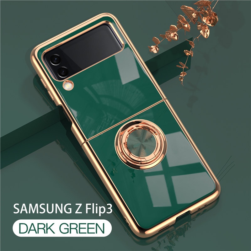 Ốp điện thoại mạ điện nắp lật chống sốc có nhẫn xỏ ngón nam châm sang trọng cho Samsung Galaxy Z Flip 3 5G Z Flip3