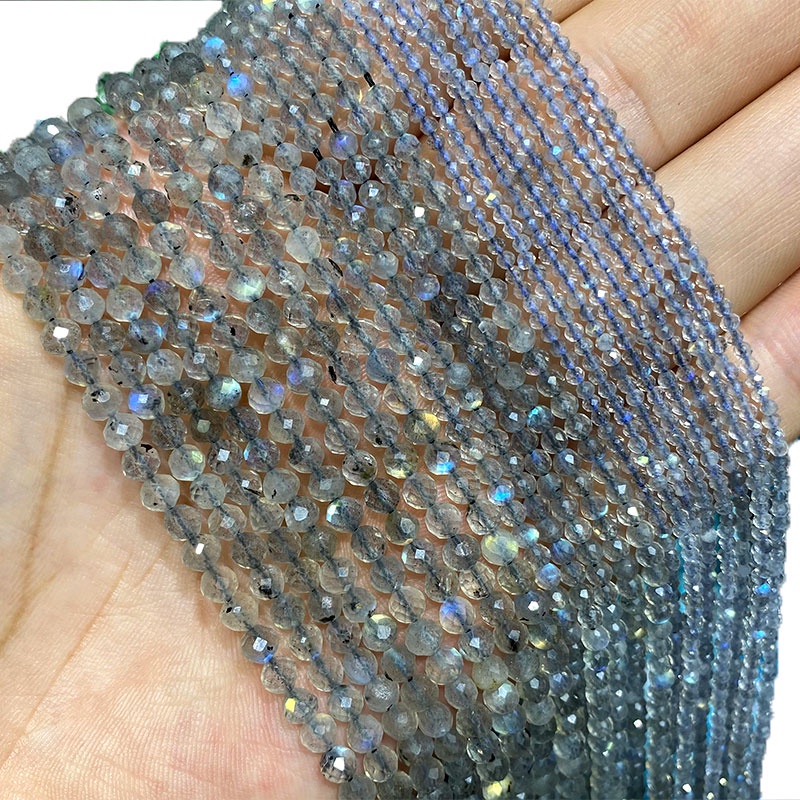 Fine 100% Đá Tự Nhiên Màu Xám Labradorite Mặt Đá Quý Tròn Miếng Đệm Hạt Trang Sức Làm Vòng Tay DIY Vòng Cổ 2 / 3 / 4MM