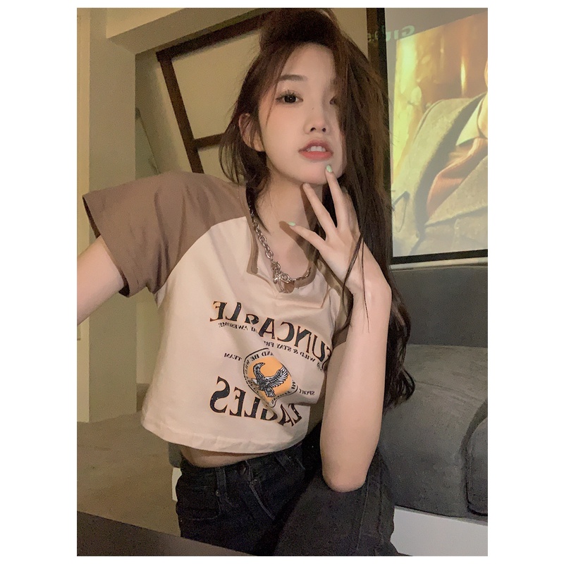 Áo Thun Nữ Ngắn Tay Cổ Tròn Gợi Cảm Phong Cách retro Mỹ