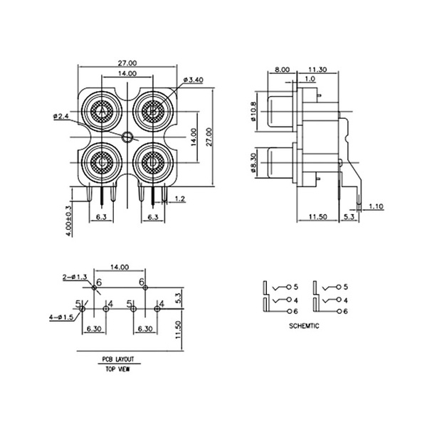 Jack AV Âm Thanh Audio 4 Lỗ 2 Trắng 2 Đỏ RCA-407